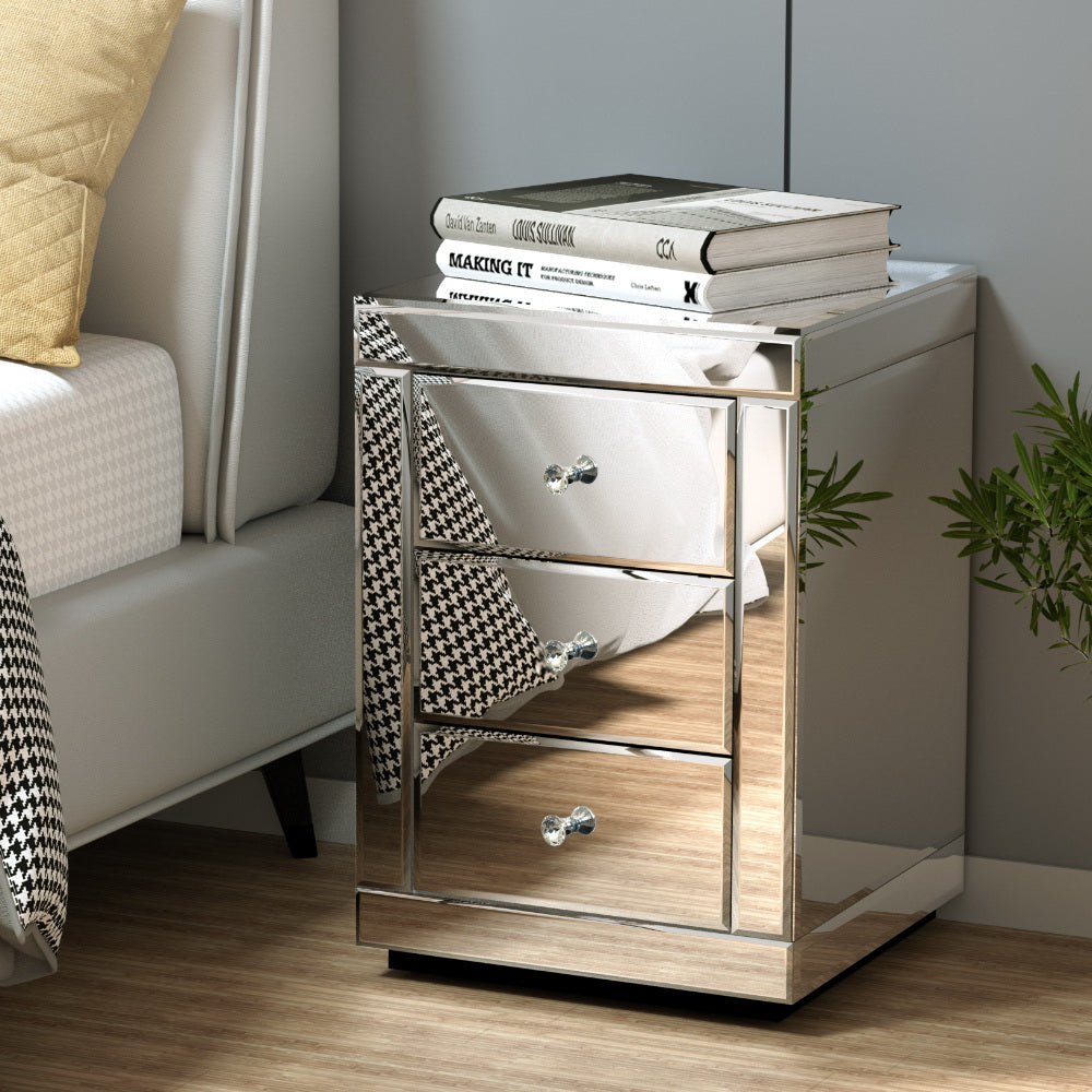 Nova Set of 2 Bedside Table 3 Drawers Mirrored Glass - PRESIA Silver