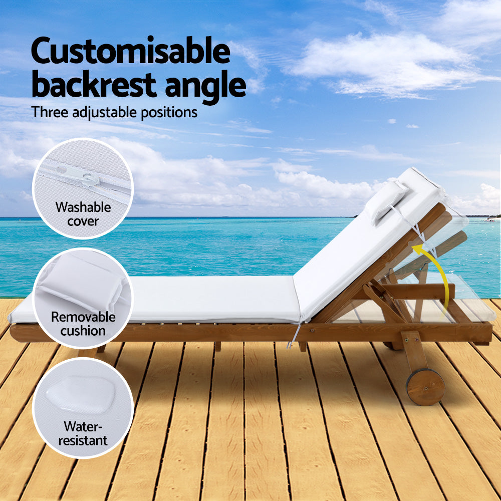 Valencia Wooden Sun Lounger – White Cushion – Wheels