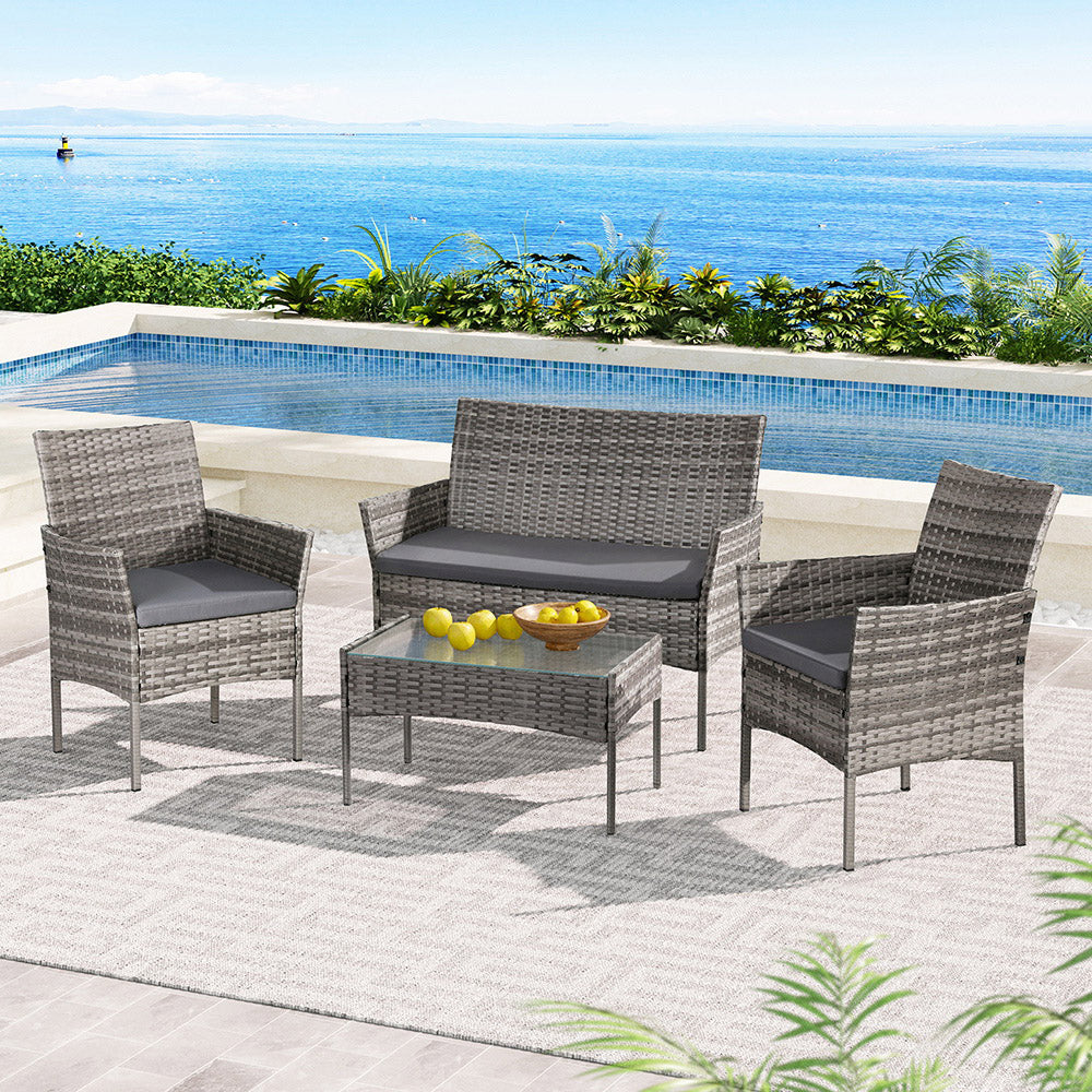 Linden 4 Seater Outdoor Sofa Set Wicker Setting Table Chair Furniture Grey