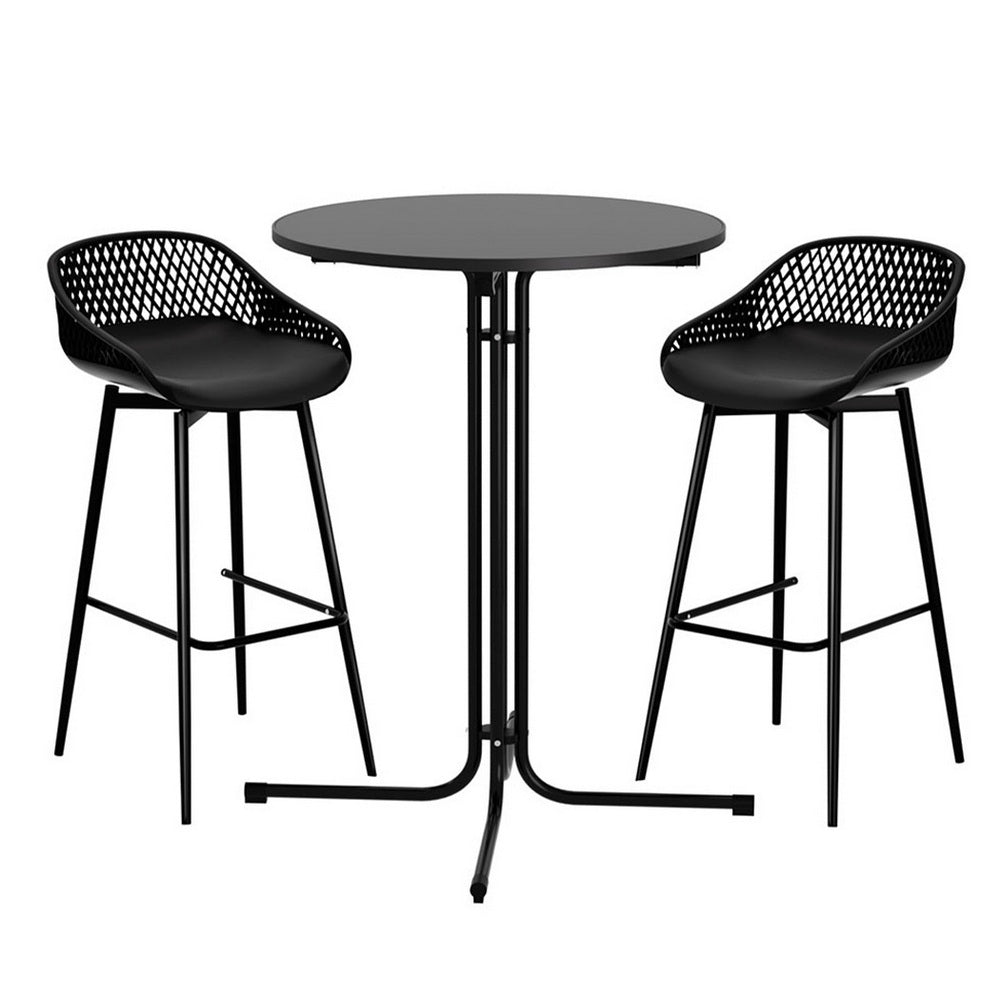 Linden 3PC Outdoor Bar Set Stools Dining Chairs Table Patio Furniture Bistro Set Black