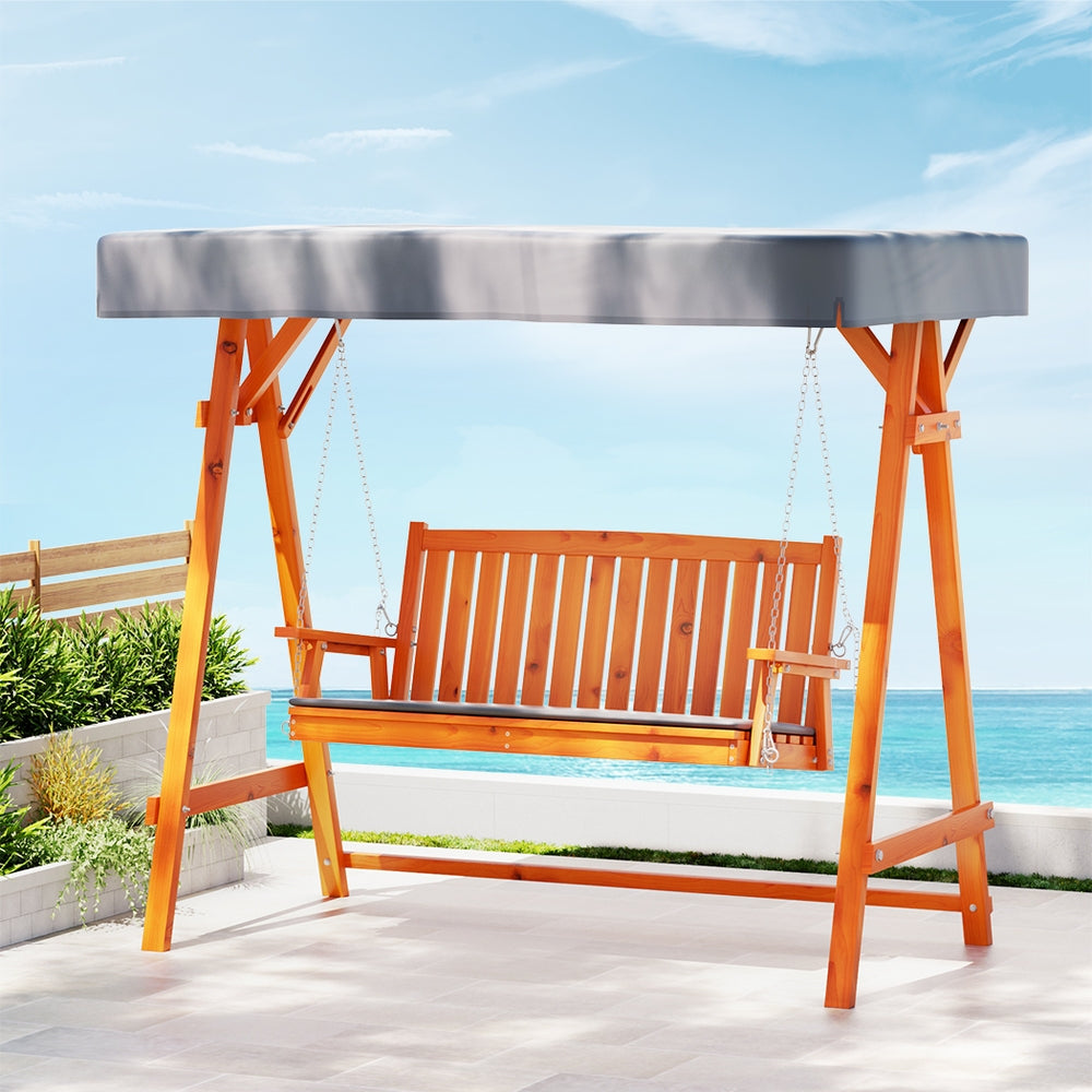 Outdoor Wooden Swing Chair Garden Bench Canopy Cushion 3 Seater Teak