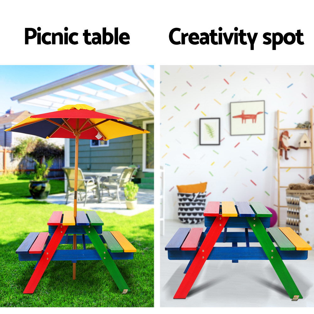 Fiesta Kids Wooden Picnic Table Set with Umbrella – Multi – Small