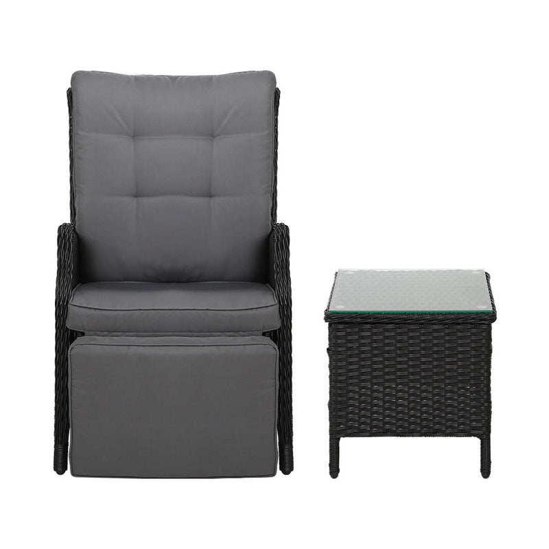 3-Piece Outdoor Recliner & Table Set – Wicker, Black Finish