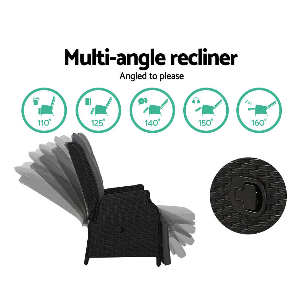Palermo Outdoor Recliner Set with Table – Wicker Black – 3 Piece