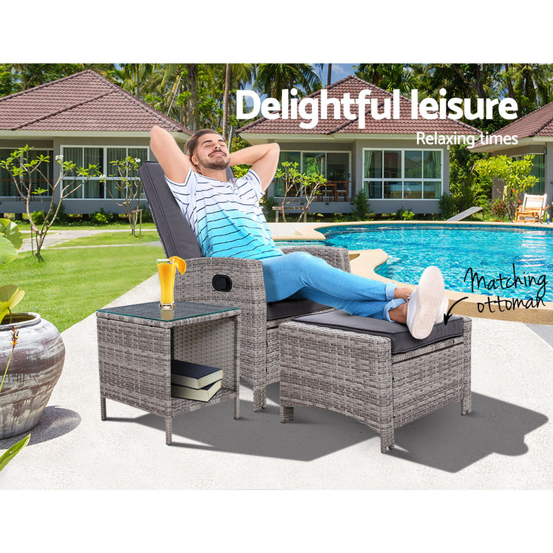 3 PC Adjustable Recliner Sunlounge - Grey