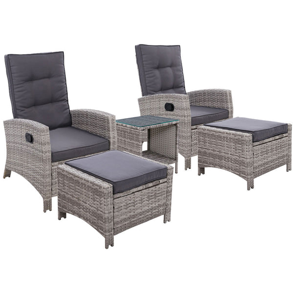 Gardeon 5PC Recliner Chairs Table Sun lounge Wicker Outdoor Furniture Adjustable Grey