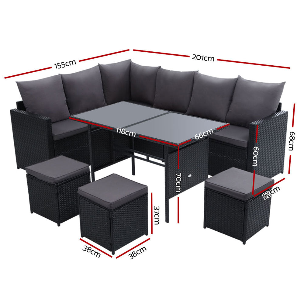 Oceana Outdoor Sofa Dining Set – Black – 9 Seater with Ottomans