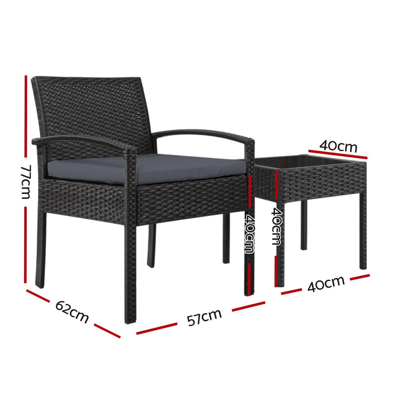 3 PC Wicker Outdoor Lounge Setting - Black