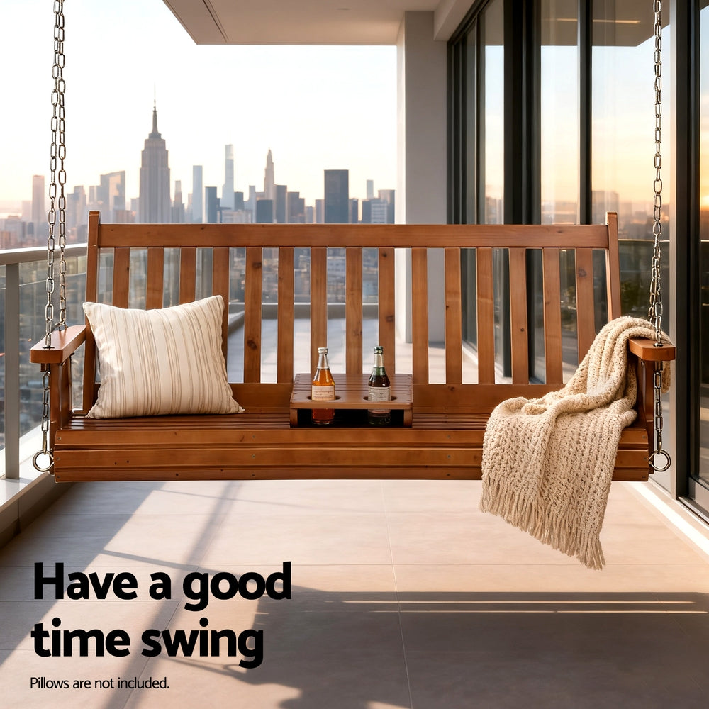 Devonport Porch Swing with Cup Holder – Brown – 2 Seater