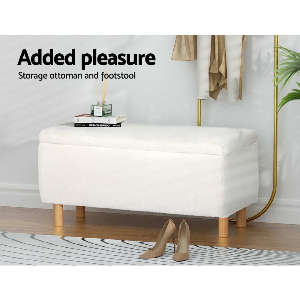 Lynton Bouclé Storage Ottoman – White – 99 cm