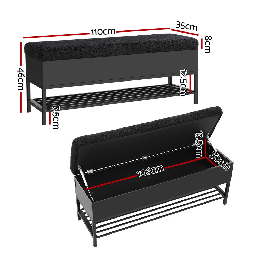 Ashford Bouclé Storage Ottoman with Shelf – Black – 110 cm