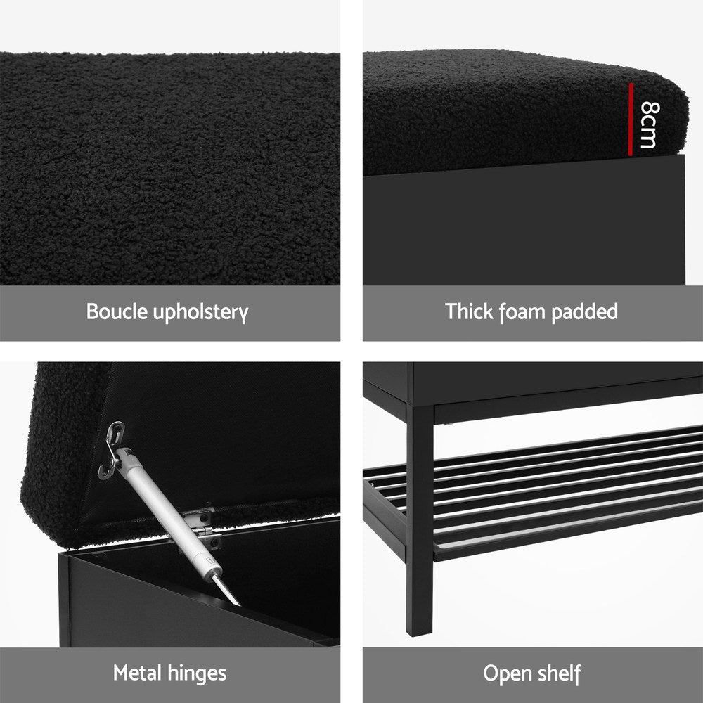 Ashford Bouclé Storage Ottoman with Shelf – Black – 110 cm