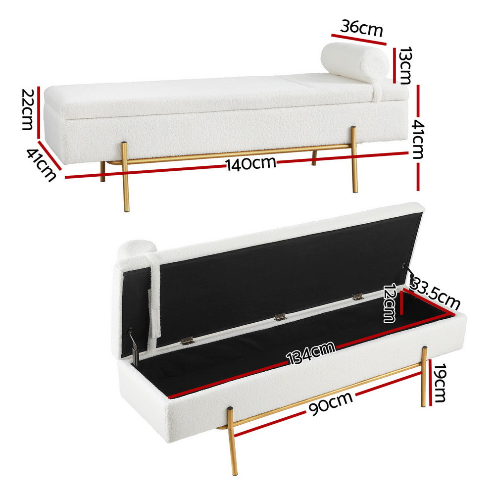 Serena Bouclé Bed Ottoman with Pillow – White – 140 cm