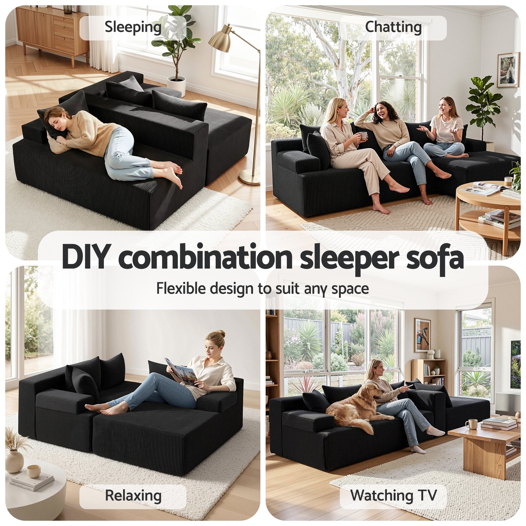 Nivara Modular L-Shaped Sofa – Black – 4 Seats & Above