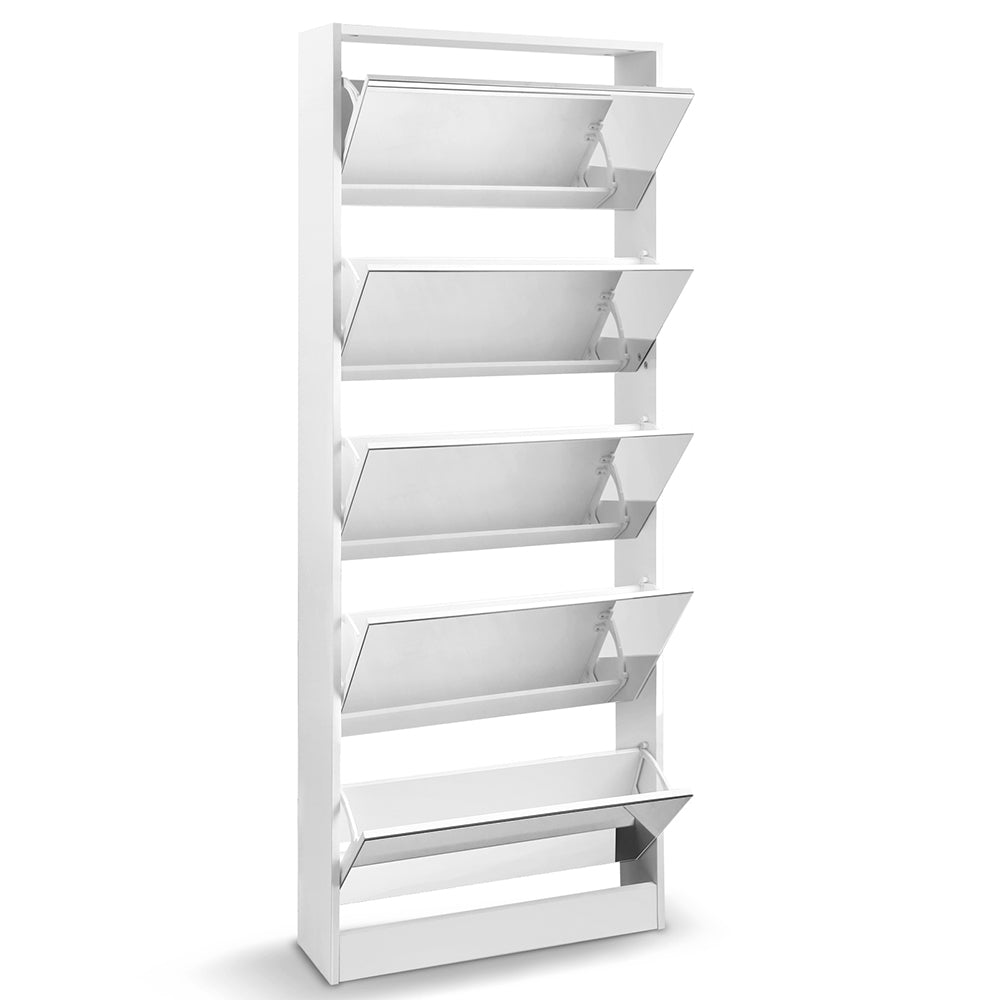 Miralux 5-Drawer Mirrored Shoe Cabinet – White – Large