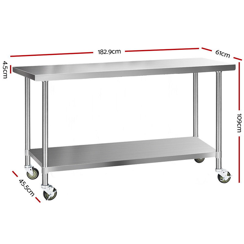 Stainless Steel Kitchen Bench with Wheels – 1829x610mm