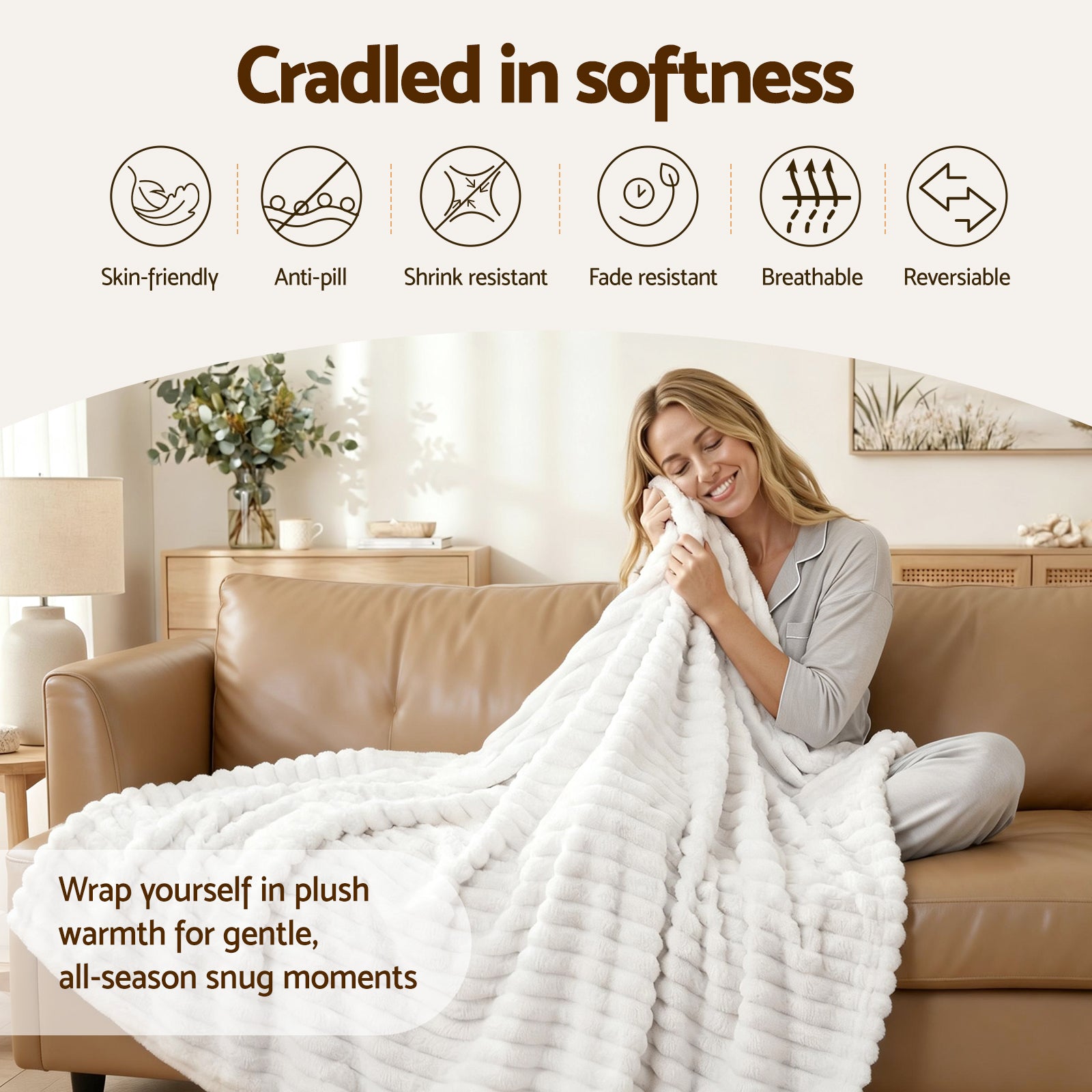 Giselle Fleece Throw Blanket – White – Large