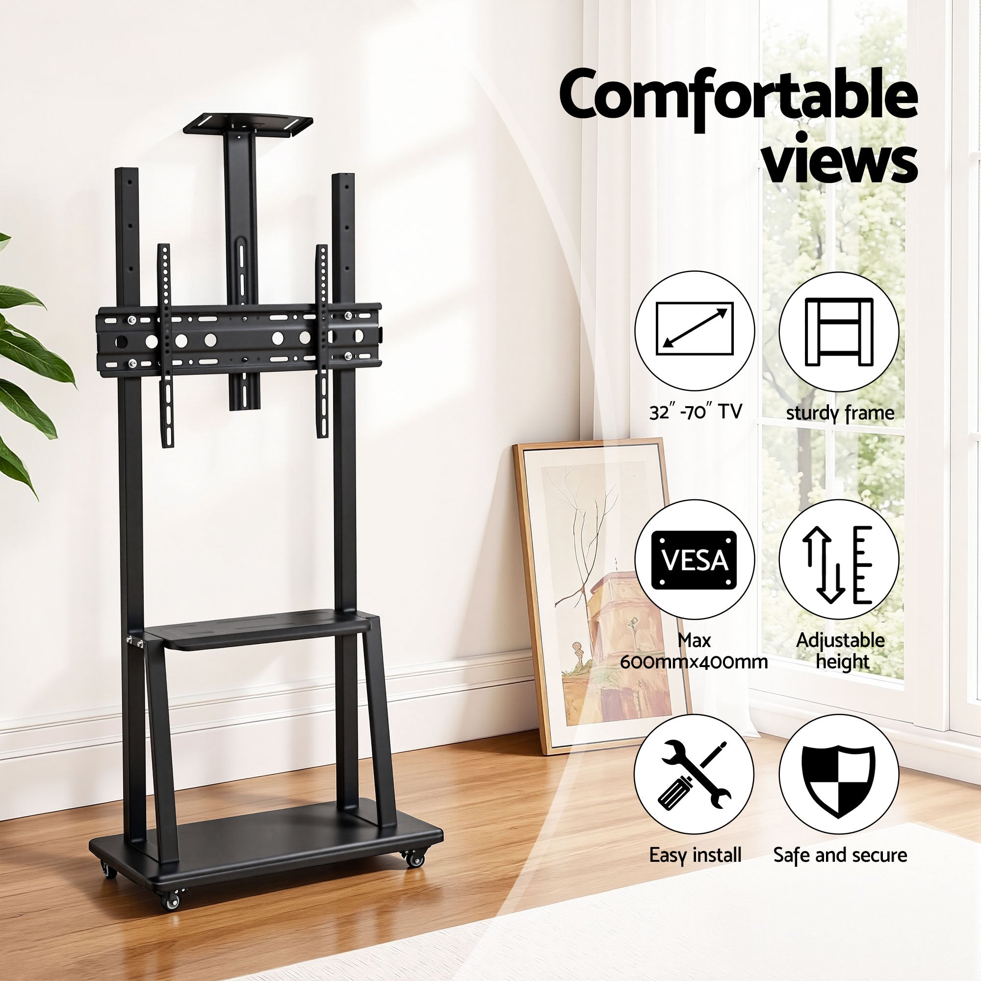 Corin Adjustable TV Floor Stand Mount – Black – 32–70 Inch