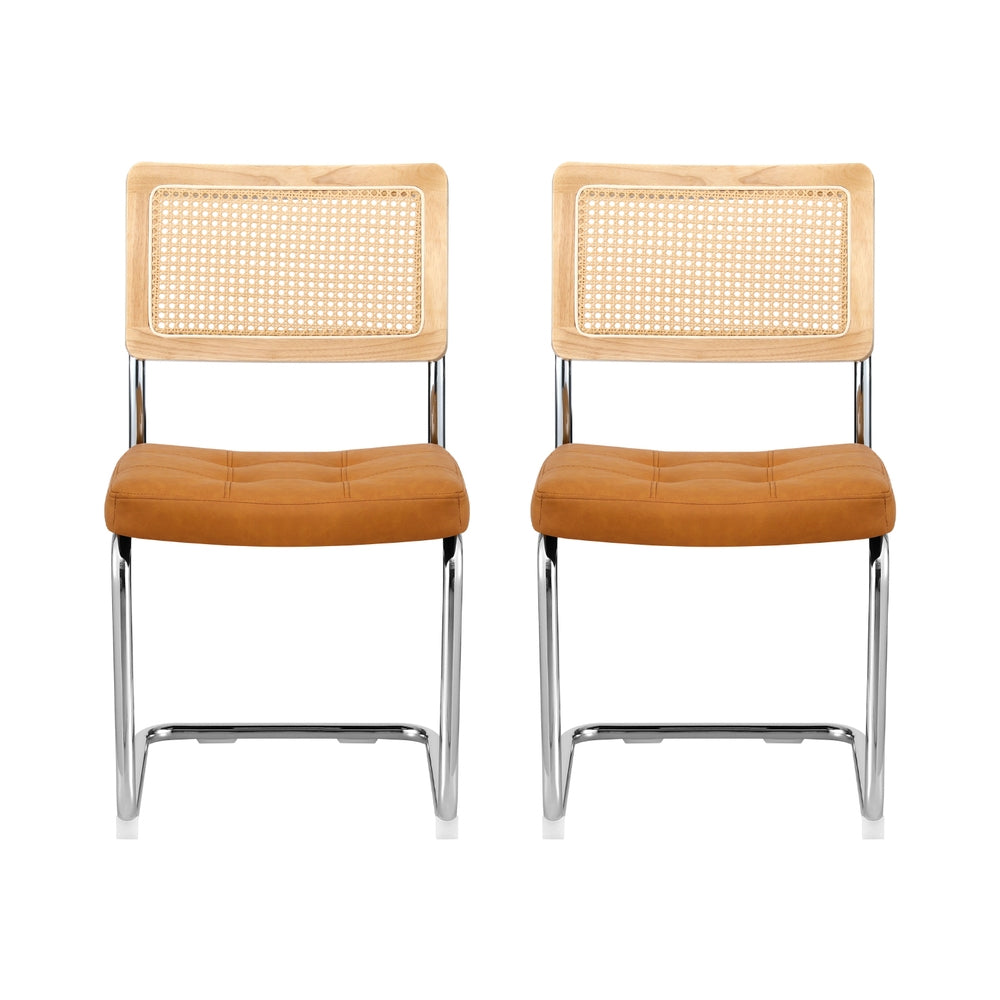 Coastal Cantilever Dining Chairs – Brown PU Leather & Rattan – Set of 2