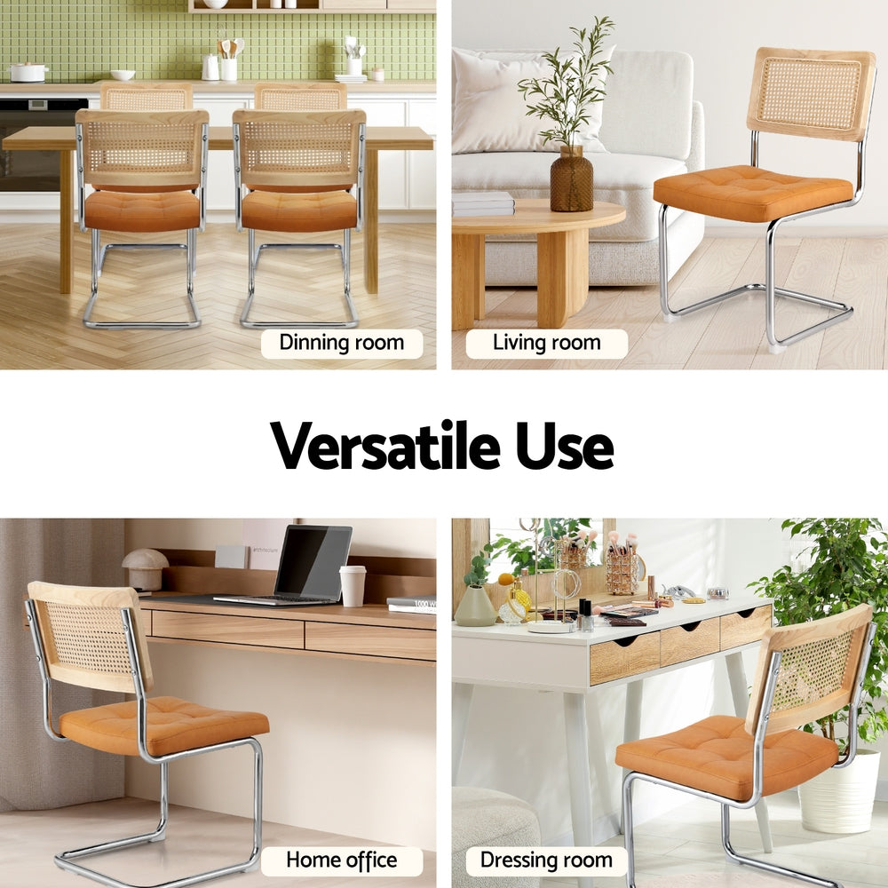 Coastal Cantilever Dining Chairs – Brown PU Leather & Rattan – Set of 2