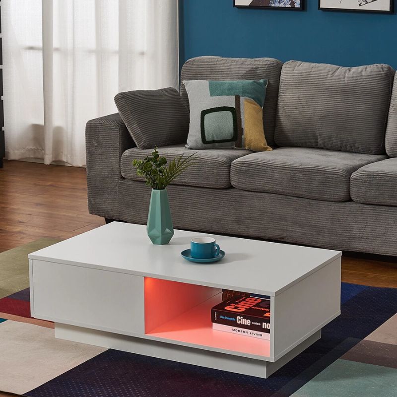 LED High Gloss Top White Coffee Table With Drawer – Single
