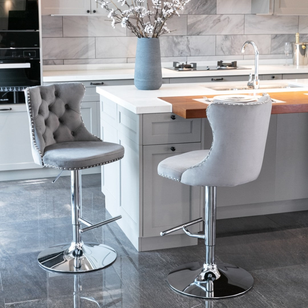 Sterling Velvet Swivel Bar Stools with Footrest – Grey – Set of 2