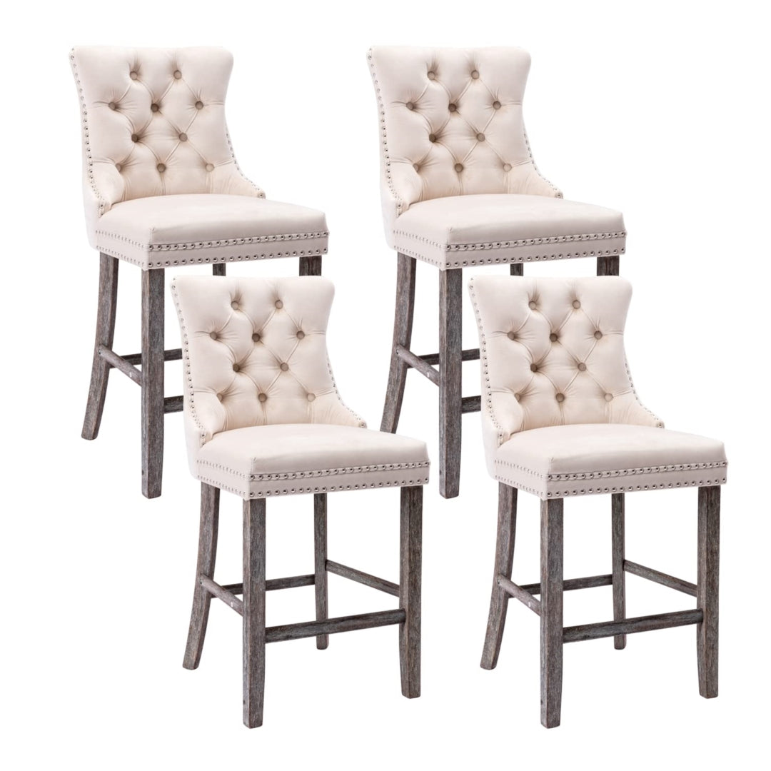 Nova 4X Velvet Bar Stools with Studs Trim Wooden Legs Tufted Dining Chairs Kitchen