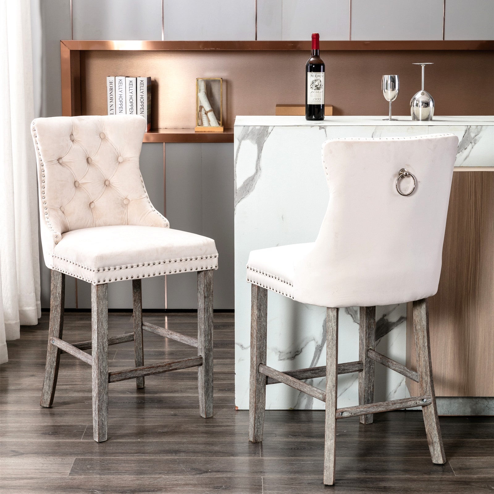 Nova Velvet Tufted Bar Stools – Beige – Set of 4