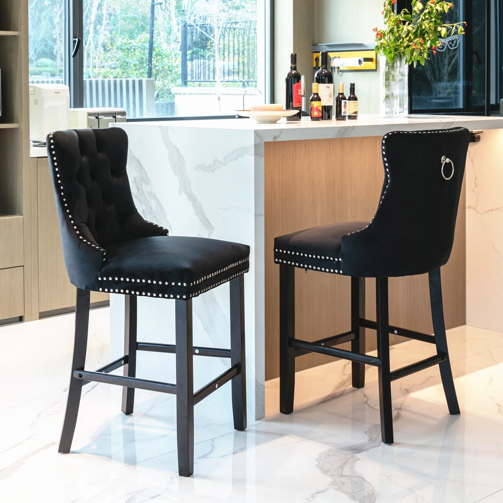 Cove 2X Velvet Bar Stools with Studs Trim Wooden Legs Tufted Dining Chairs Kitchen