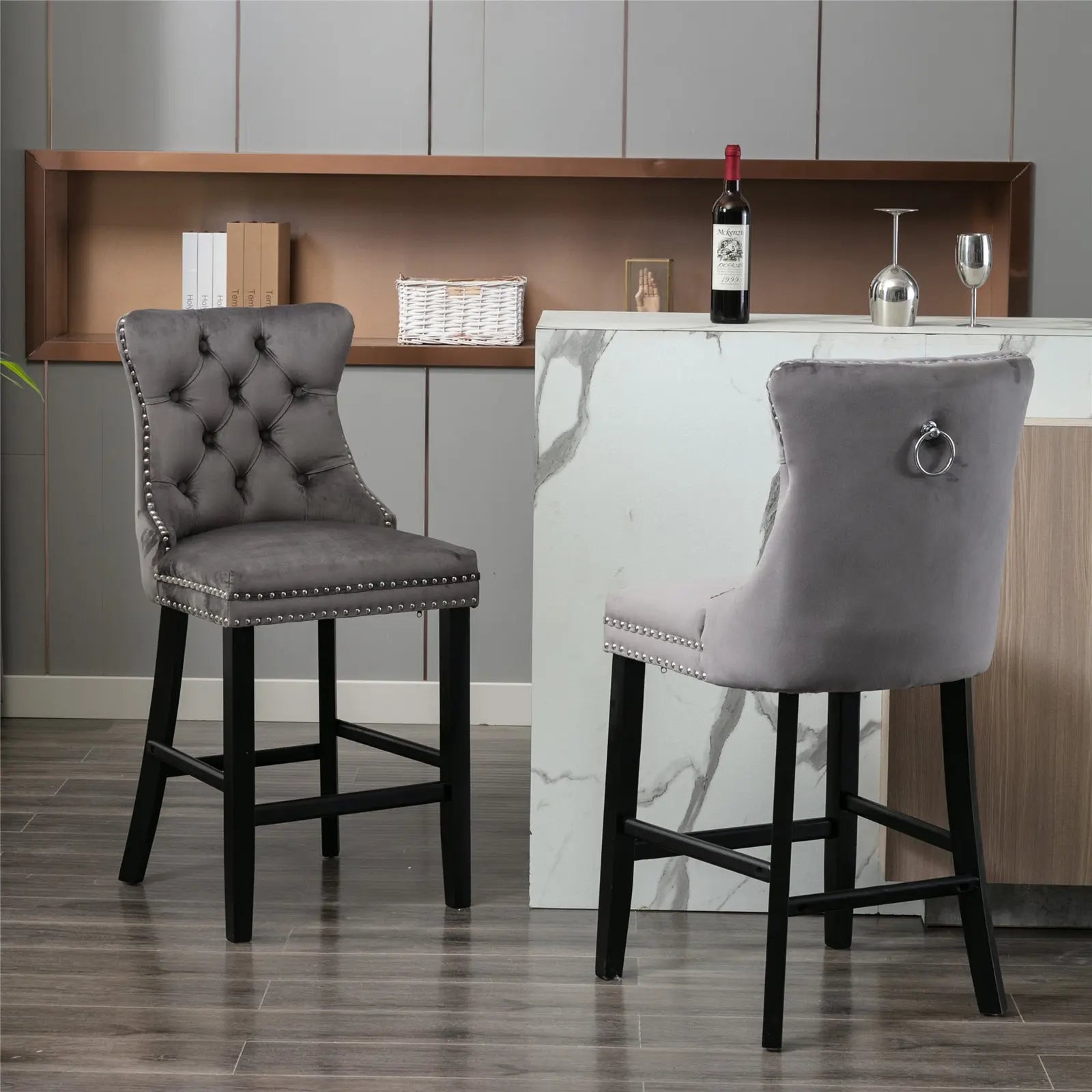 Arlo Velvet Tufted Bar Stools – Grey – Set of 4