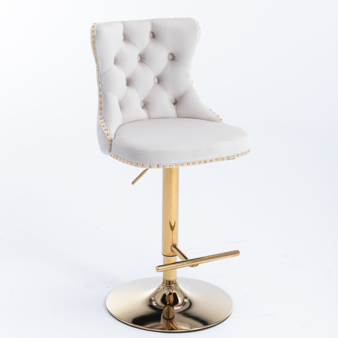 Rowan Velvet Swivel Bar Stools with Footrest – Beige – Set of 2