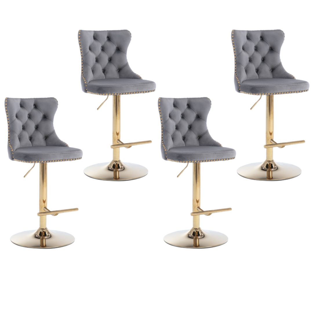 Linden 4x Height Adjustable Swivel Bar Stool Velvet Studs Barstool with Footrest and Golden Base - Grey
