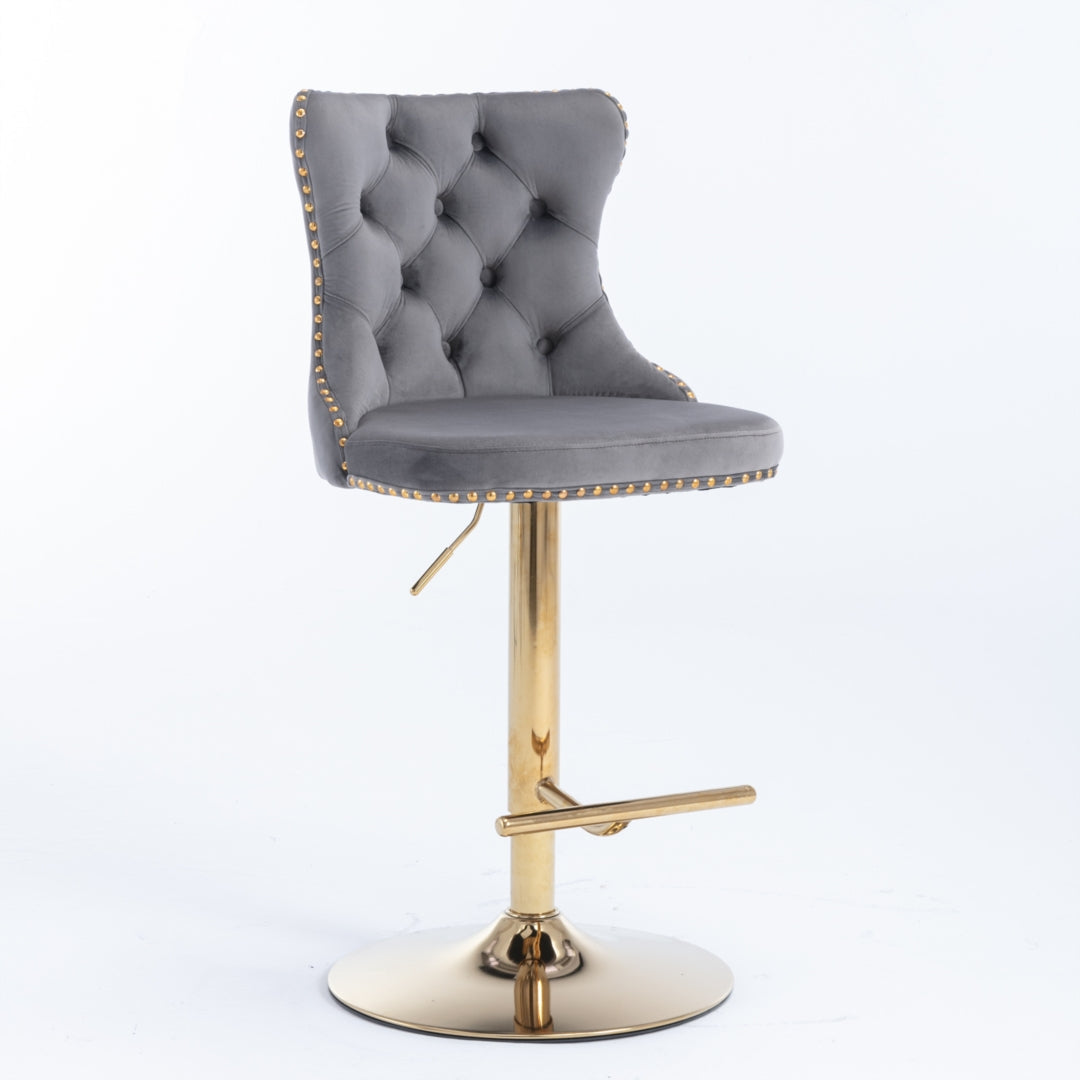 Linden Velvet Swivel Bar Stools with Footrest – Grey – Set of 2