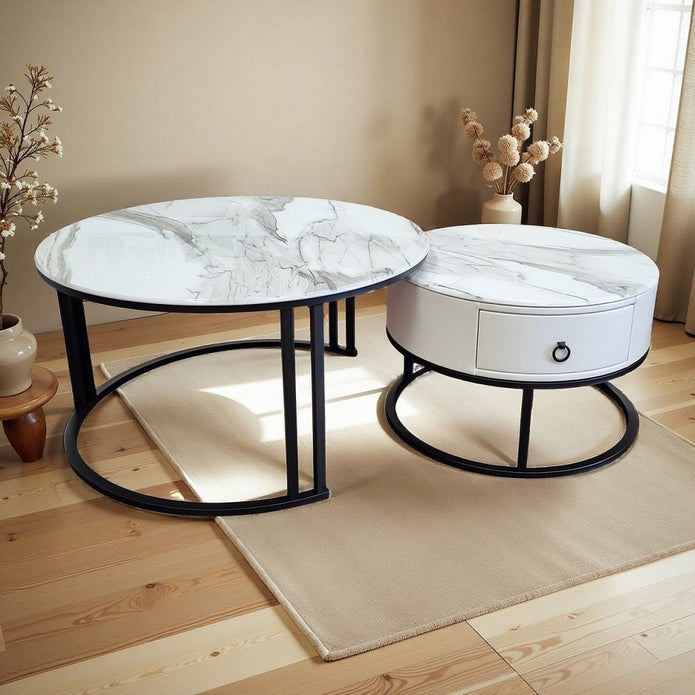 Alderon Nesting Coffee Table Set – Black & White – Set of 2
