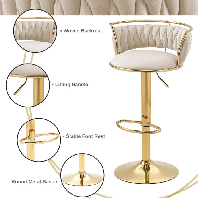 Valentina Velvet Swivel Bar Stool – Ivory with Gold Base – Set of 2