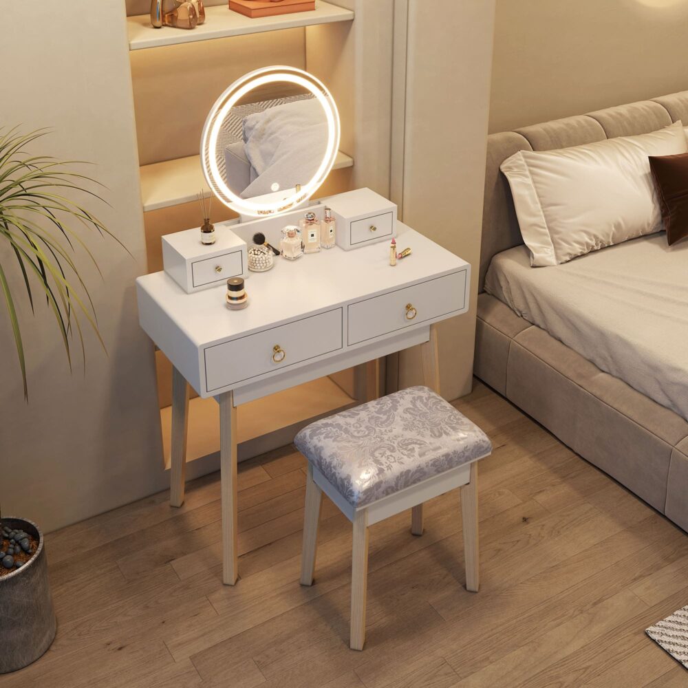 Celeste LED Vanity Table & Stool Set – White