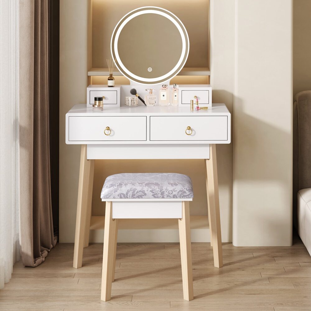 Celeste LED Vanity Table & Stool Set – White