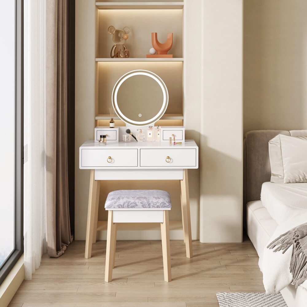 Celeste LED Vanity Table & Stool Set – White