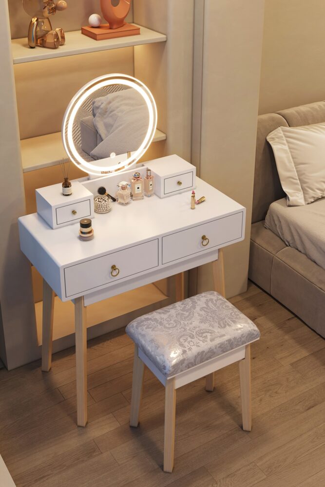 Celeste LED Vanity Table & Stool Set – White