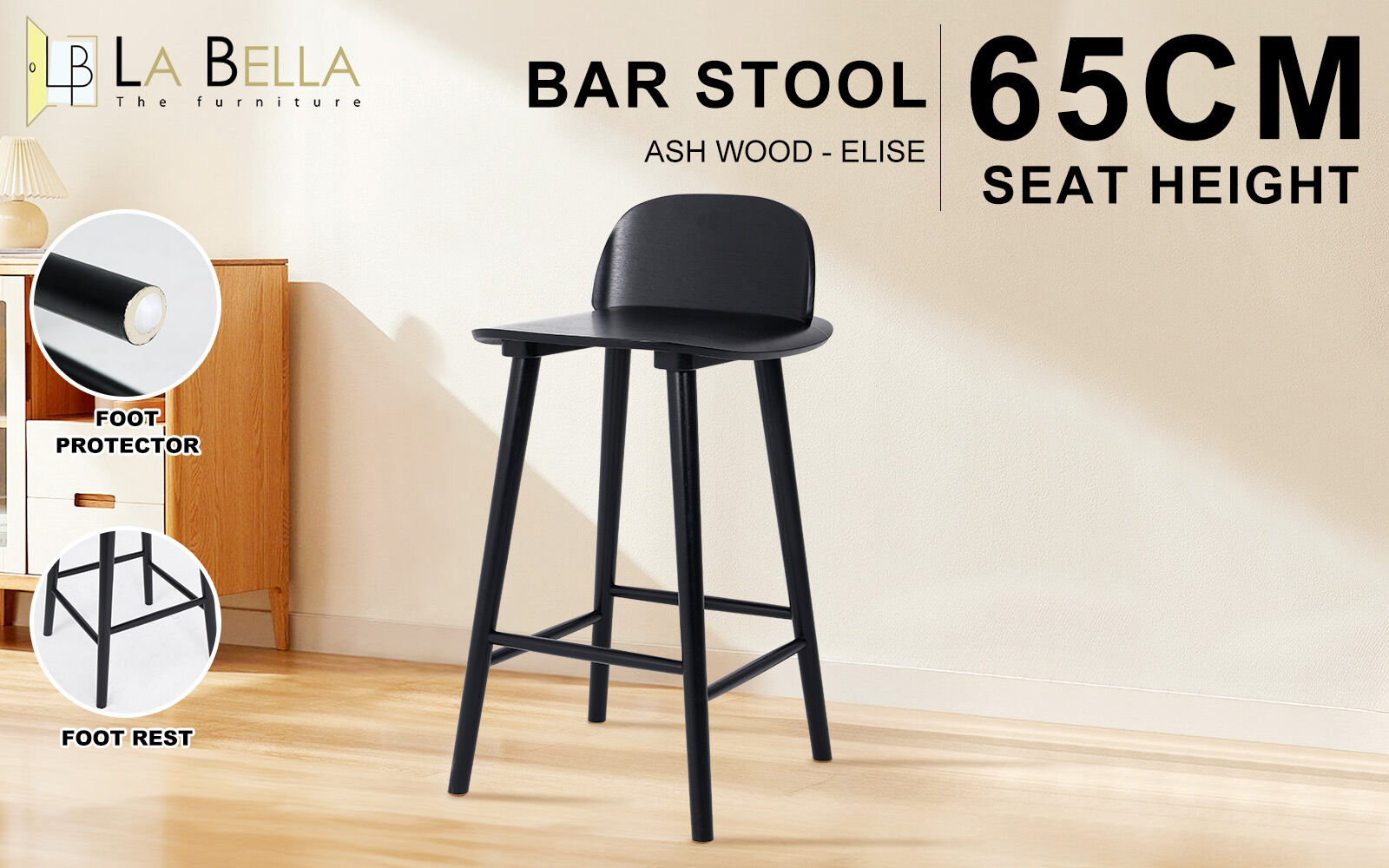 Atlas Elise Ash Wood Bar Stool 65cm – Black