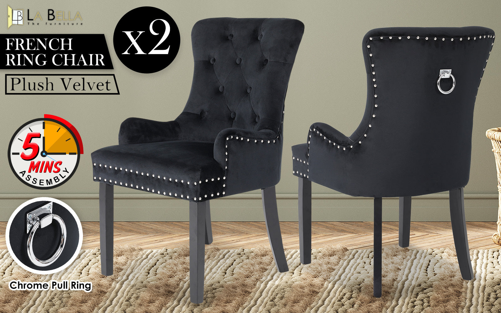 Rowan French Provincial Dining Chairs – Black – Set of 2