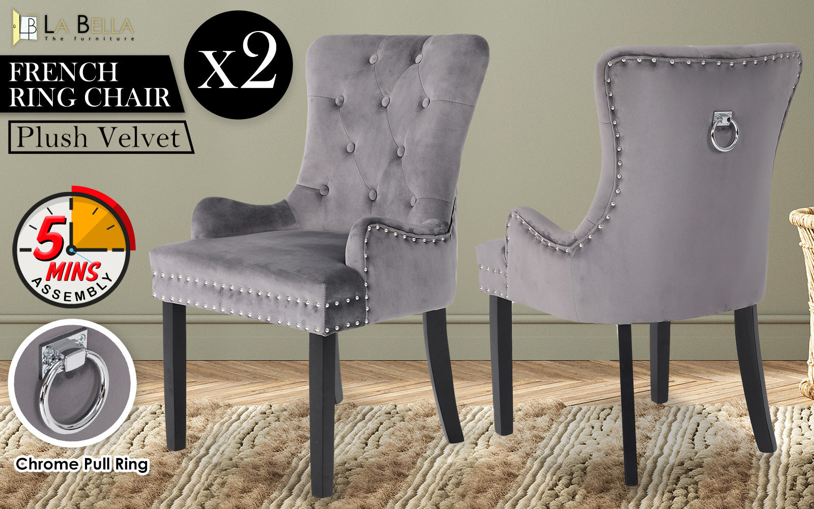 Rowan French Provincial Dining Chairs – Grey – Set of 2