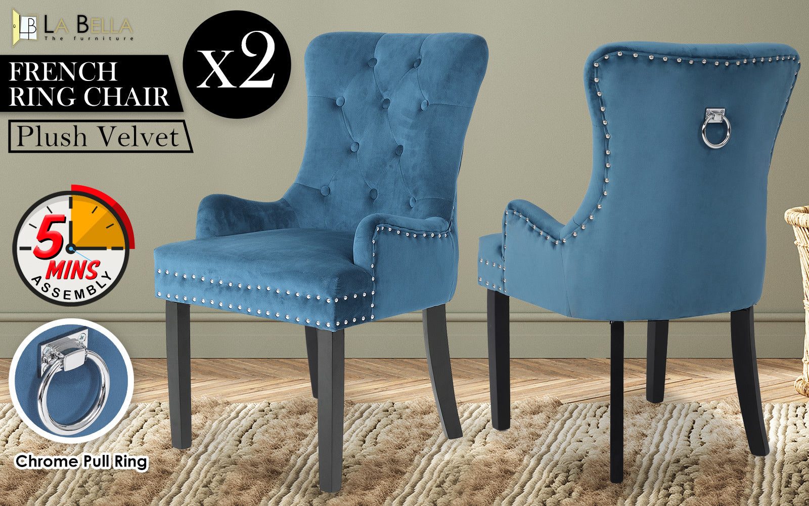 Rowan French Provincial Dining Chairs – Blue – Set of 2
