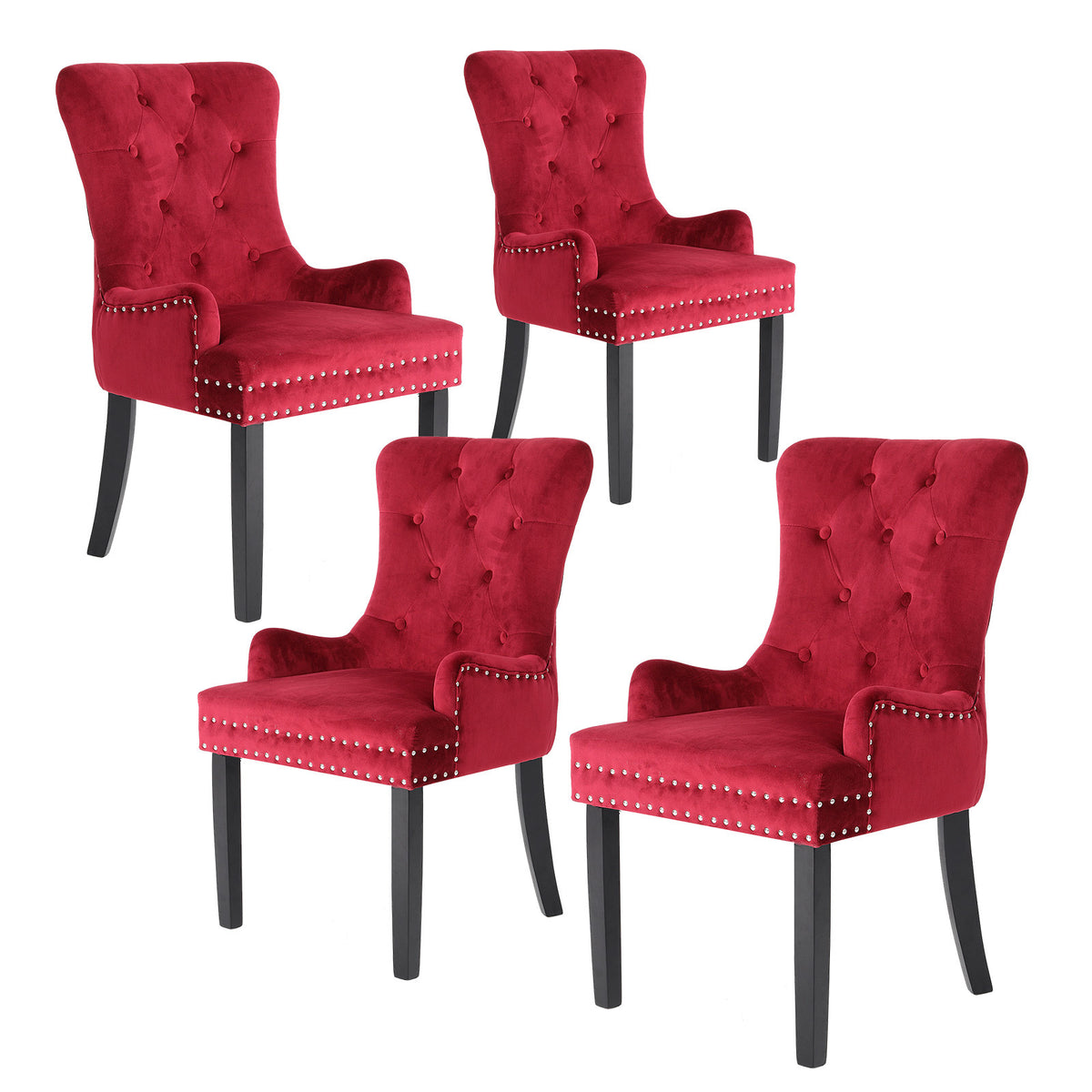 Cove 4X French Provincial Dining Chair Ring Studded Velvet Rubberwood Leg LISSE BORDEAUX RED