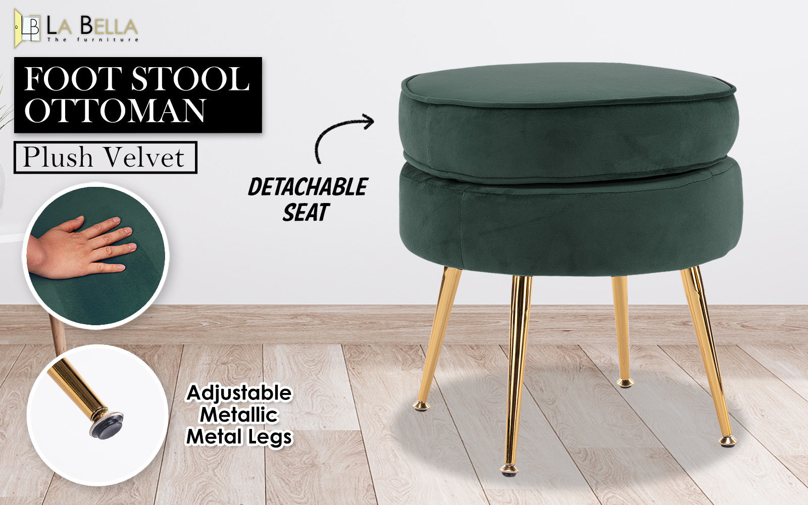 Serena Round Ottoman Footstool – Green – Single