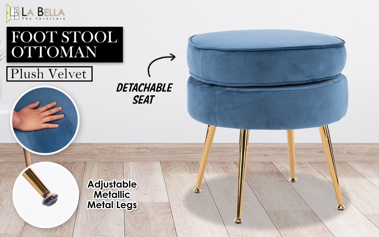 Serena Round Ottoman Footstool – Blue – Single