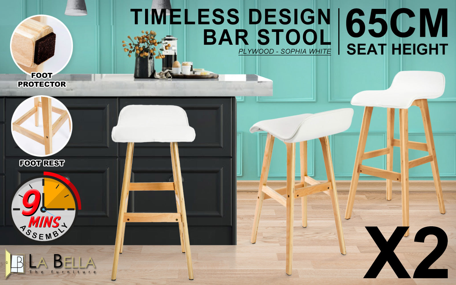 Callan Leather Bar Stools – White – Set of 2