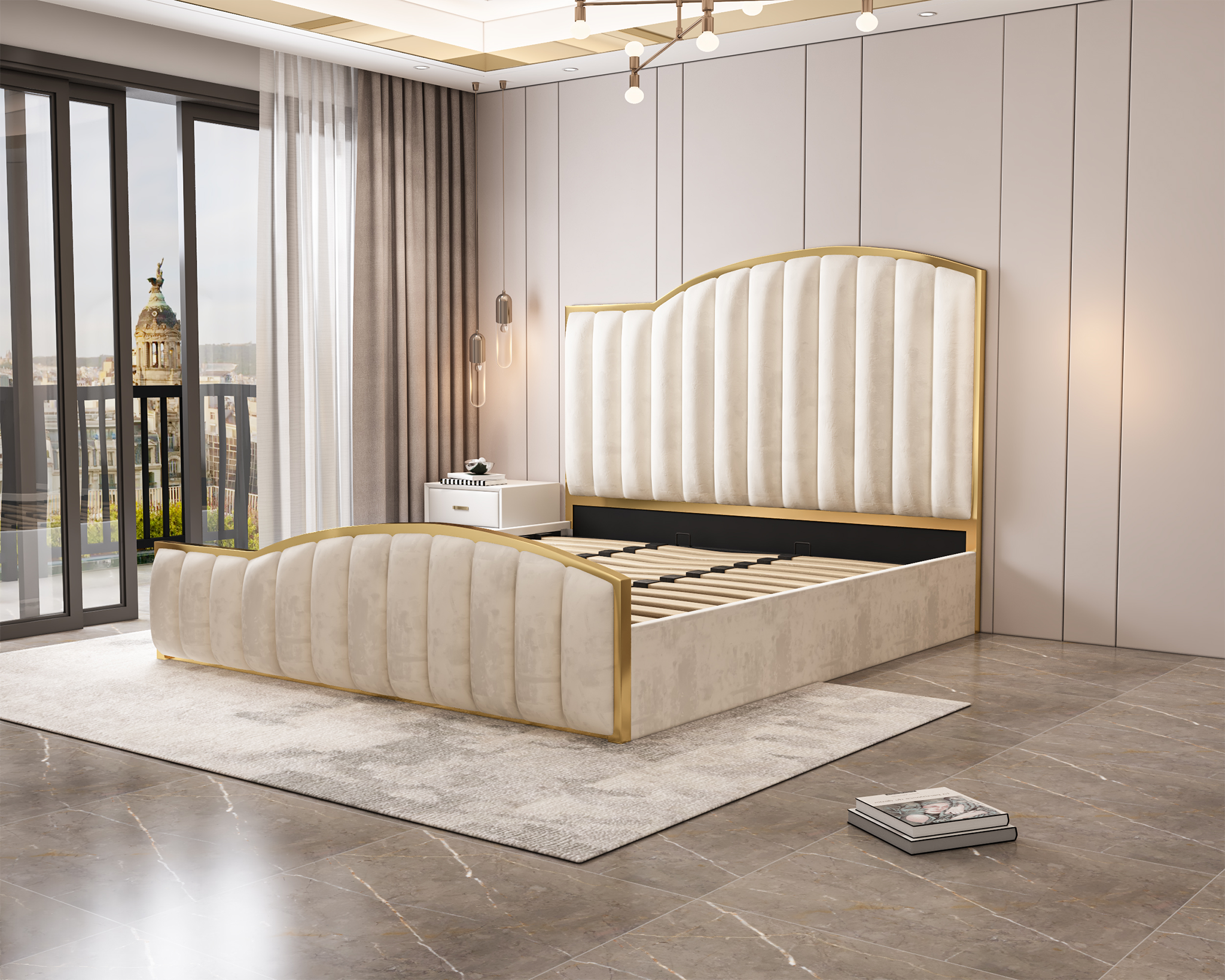 Starshine Velvet Gas Lift Bed Frame – Beige – King