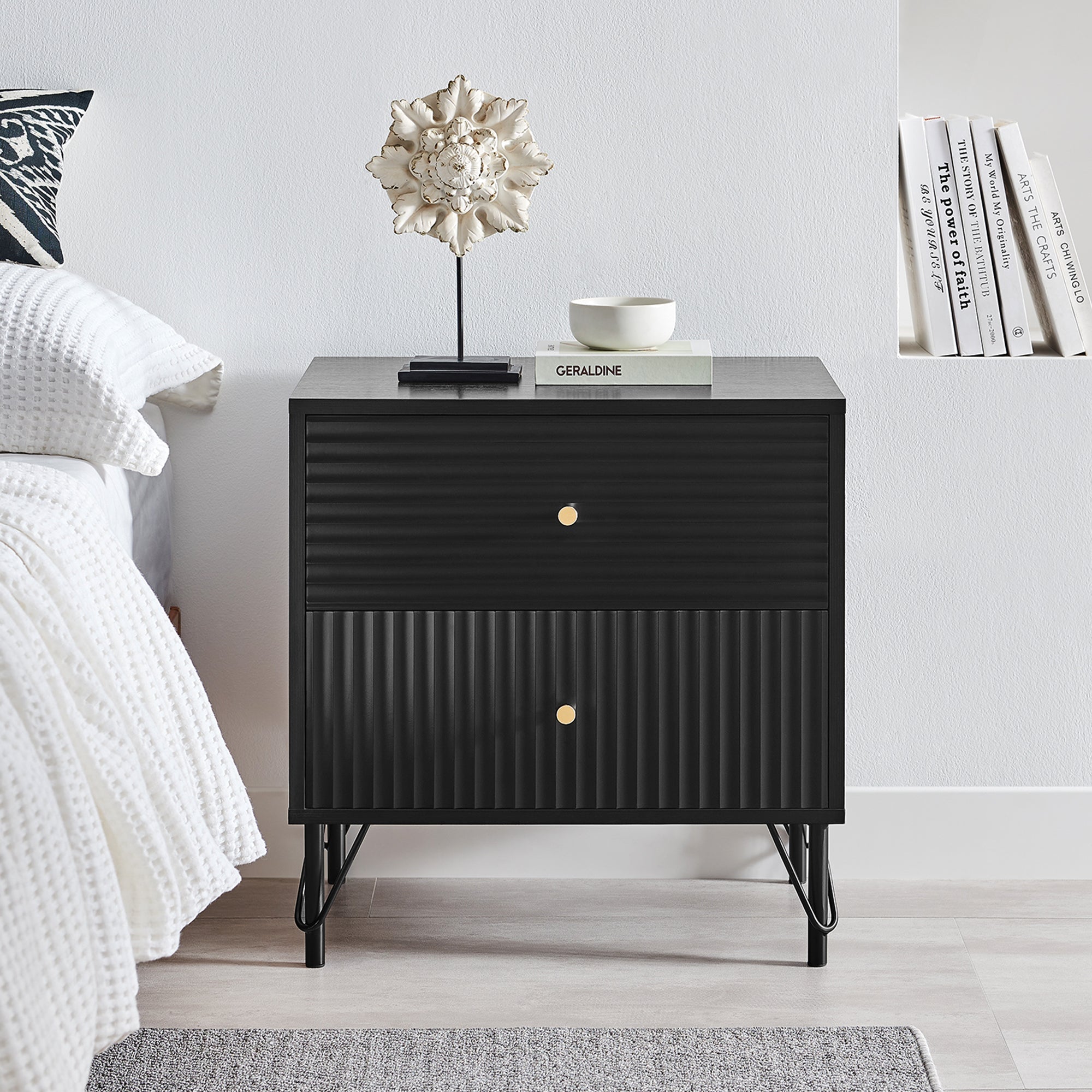 Lisa Wavy Fluted Bedside Table – Black