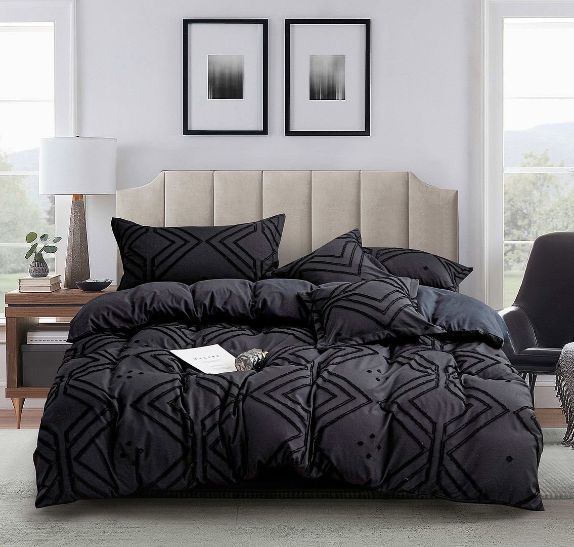 Tufted Textured Jacquard Black Duvet Quilt Cover Set – Queen